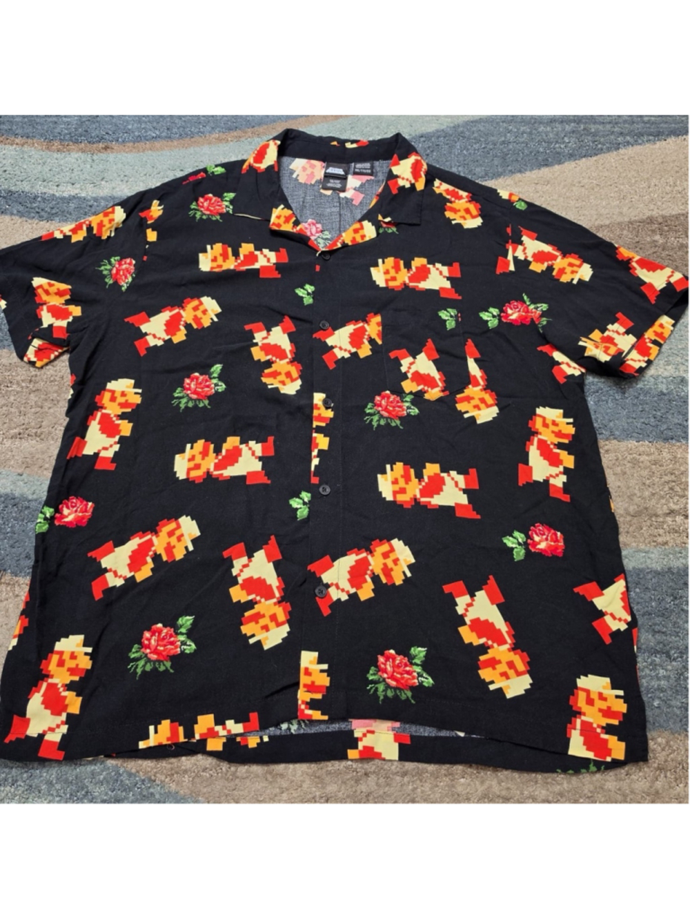 Super Mario Button Up Shirt Mens XXL All Over Print Pixel Hawaiian Black